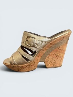 Sofft Metallic Gold Leather Cork Wedge Open Toe Slides Sandals Size 9